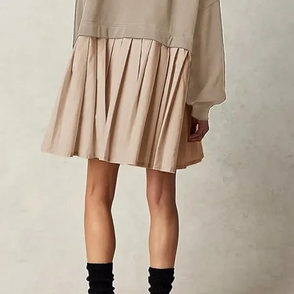 Dokuritu Women's Khaki Patchwork Crew Neck Long Sleeve Sweatshirt Mini Dress XS - Picture 5 of 11